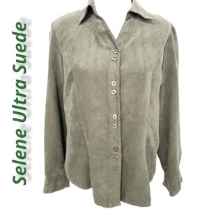 Selene Sport Ultra Suede Blouse Olive Green V Neck Collar Lg EUC